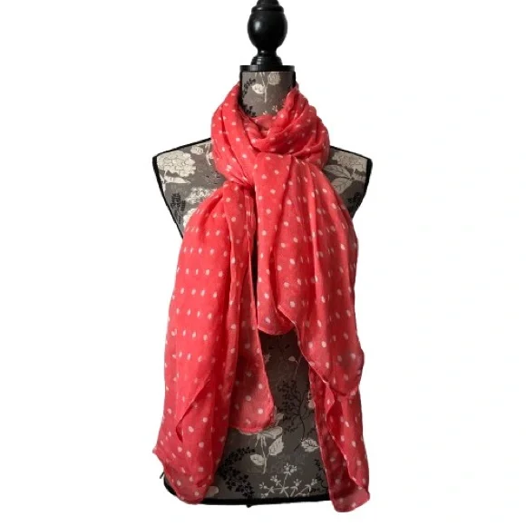 JCP Coral & White Polka Dot Viscose Wraparound Beach & Multi Purpose Wear Scarf - Picture 7 of 13